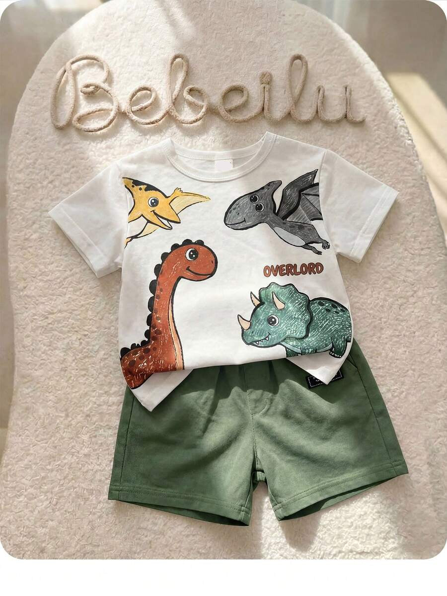 Baby Boy Animal Crayon Print T Shirt and Knitted Shorts 2 Piece Casual Spring Summer Outfit Set