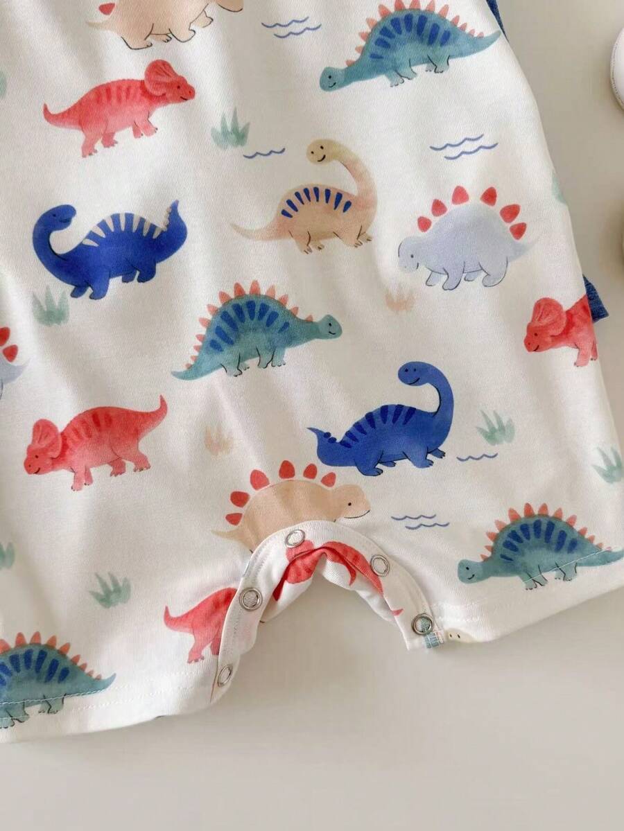 Unisex Dinosaur Print Sleeveless Romper Set For Toddlers Spring Summer Wear