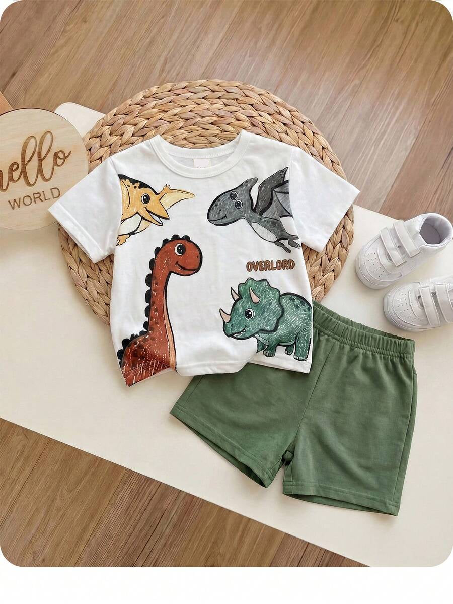 Baby Boy Animal Crayon Print T Shirt and Knitted Shorts 2 Piece Casual Spring Summer Outfit Set