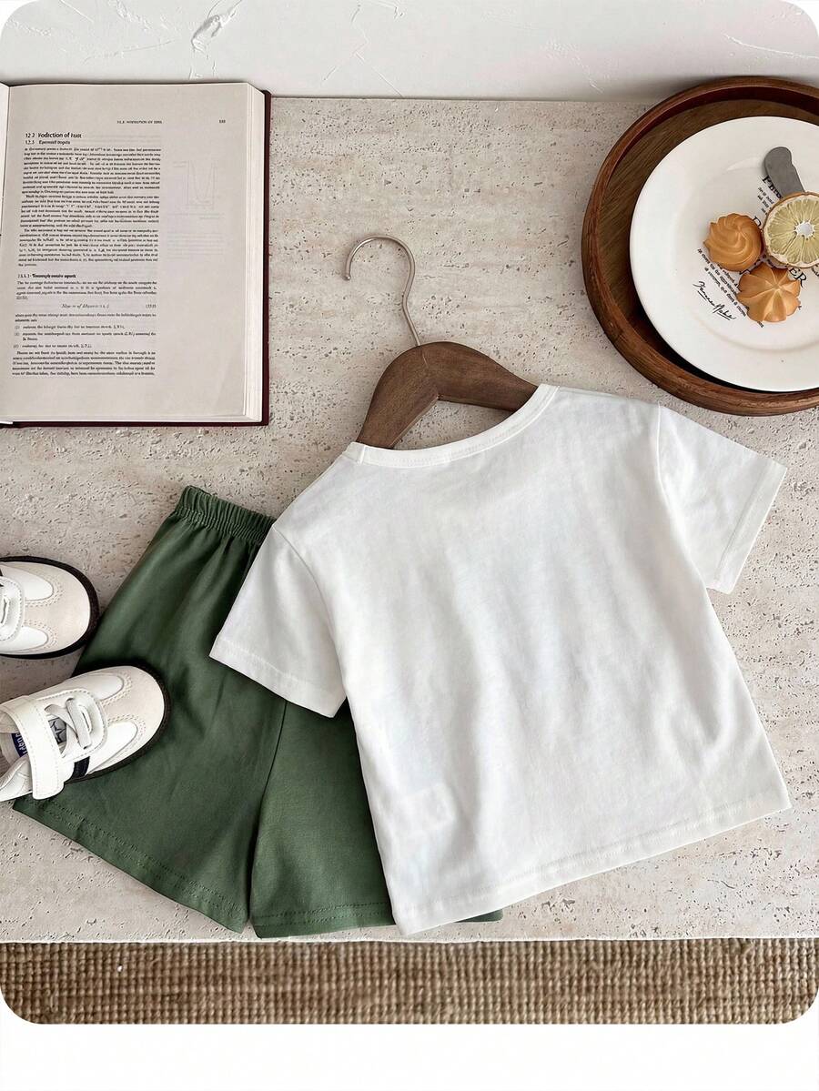 Baby Boy Animal Crayon Print T Shirt and Knitted Shorts 2 Piece Casual Spring Summer Outfit Set