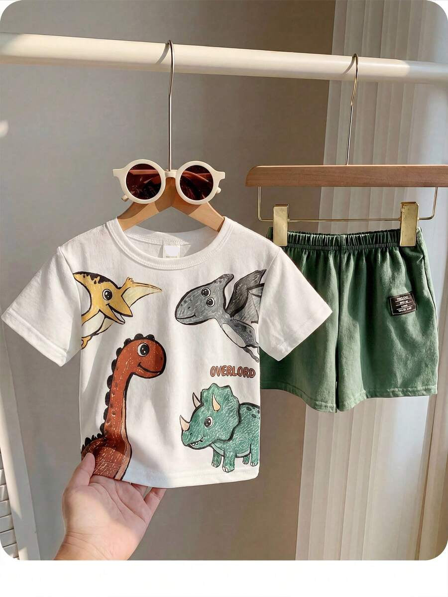 Baby Boy Animal Crayon Print T Shirt and Knitted Shorts 2 Piece Casual Spring Summer Outfit Set
