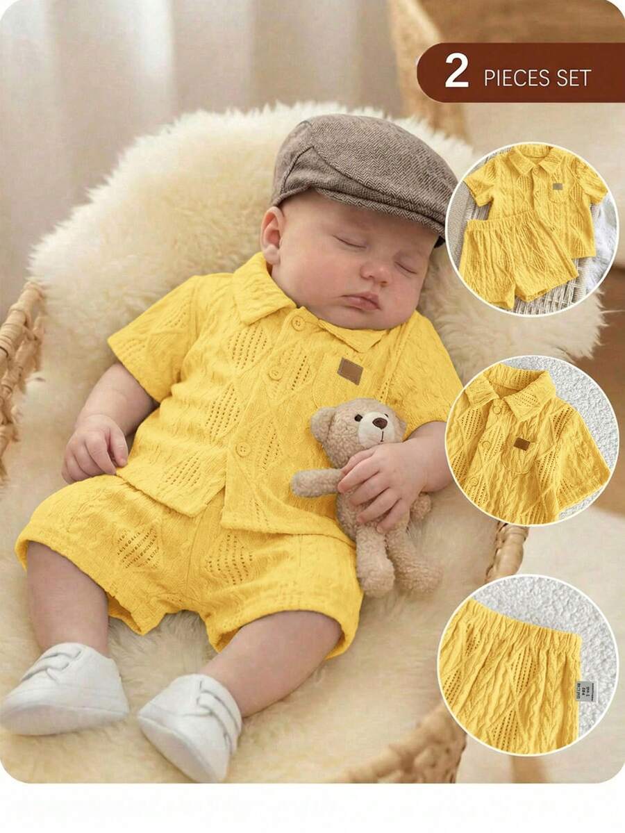 Baby Boy 2pcs Knit Jacquard Summer Set - Short Sleeve Shirt & Elastic Shorts