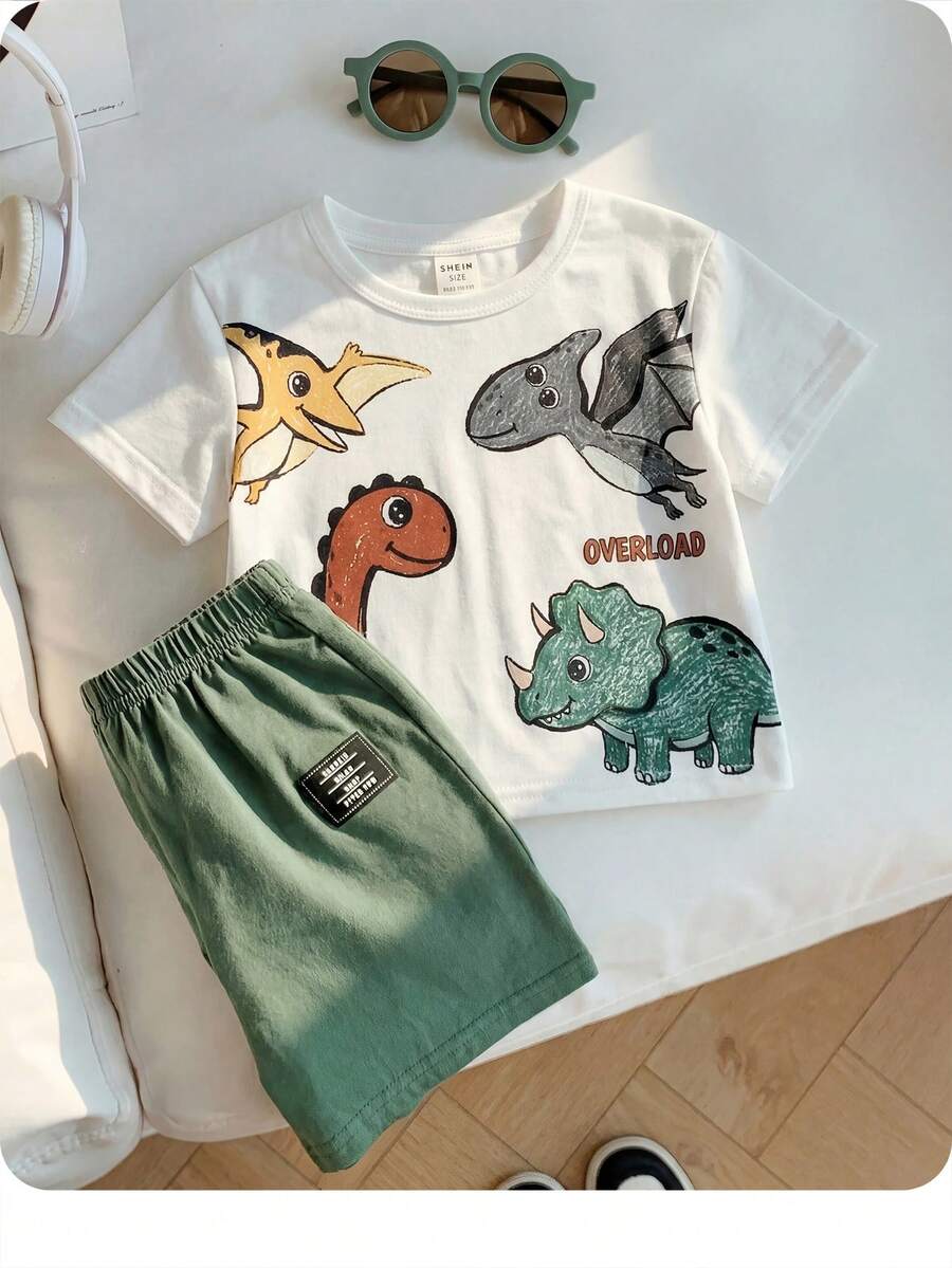 Baby Boy Animal Crayon Print T Shirt and Knitted Shorts 2 Piece Casual Spring Summer Outfit Set
