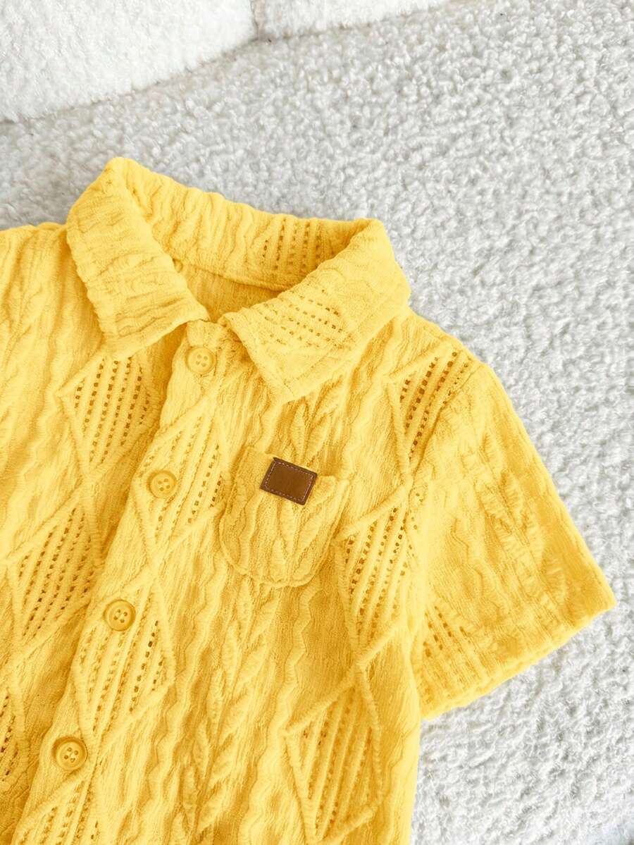 Baby Boy 2pcs Knit Jacquard Summer Set - Short Sleeve Shirt & Elastic Shorts