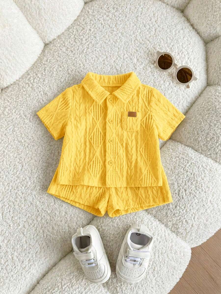 Baby Boy 2pcs Knit Jacquard Summer Set - Short Sleeve Shirt & Elastic Shorts