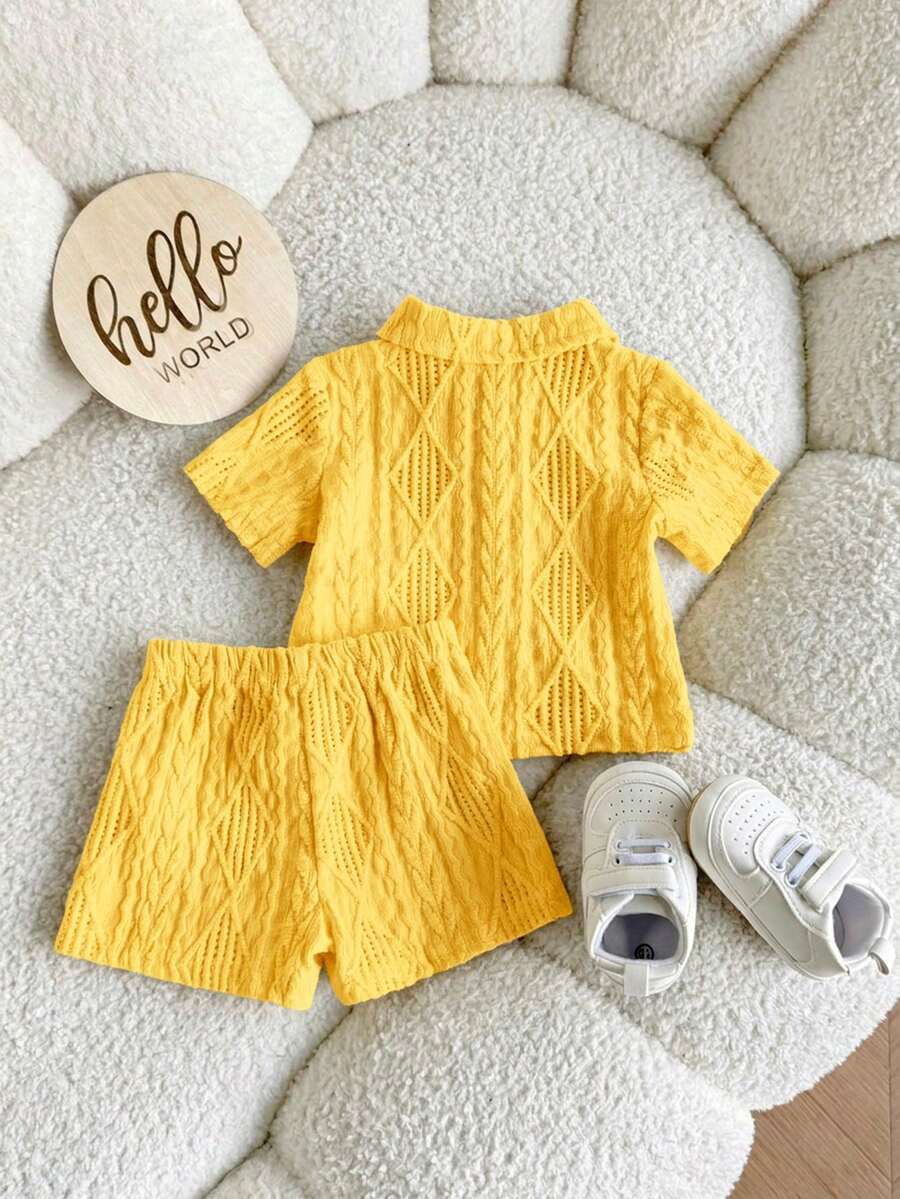 Baby Boy 2pcs Knit Jacquard Summer Set - Short Sleeve Shirt & Elastic Shorts