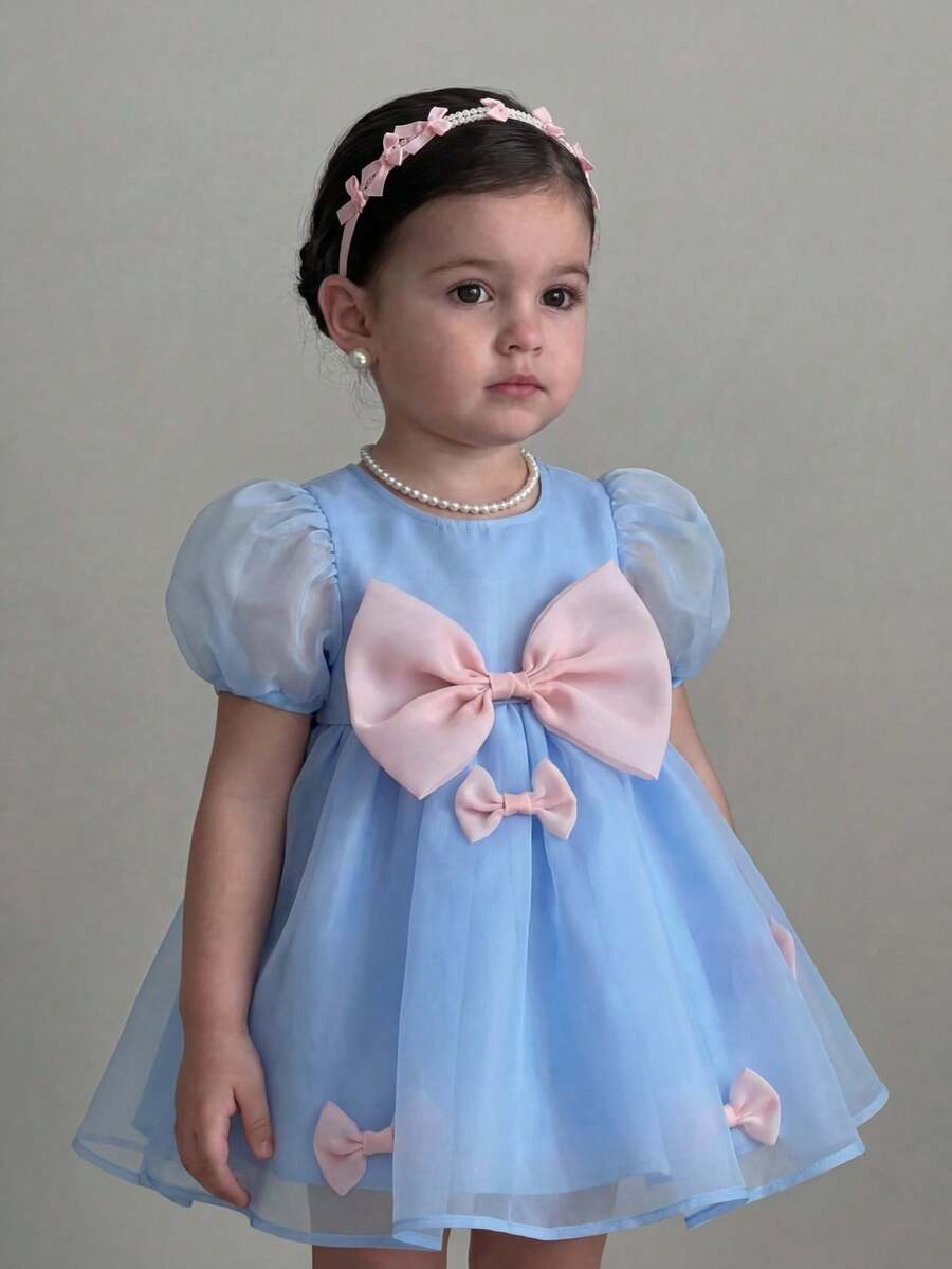 Pink Floral Mesh Embroidered Short Sleeve Dress for Baby Girls