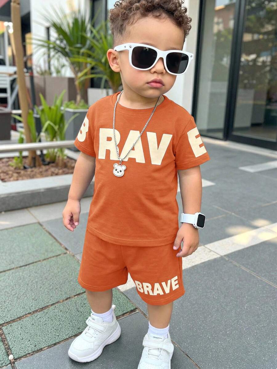 Baby Boy Brave Text Graphic Print T Shirt and Shorts Casual Summer Outfit Set
