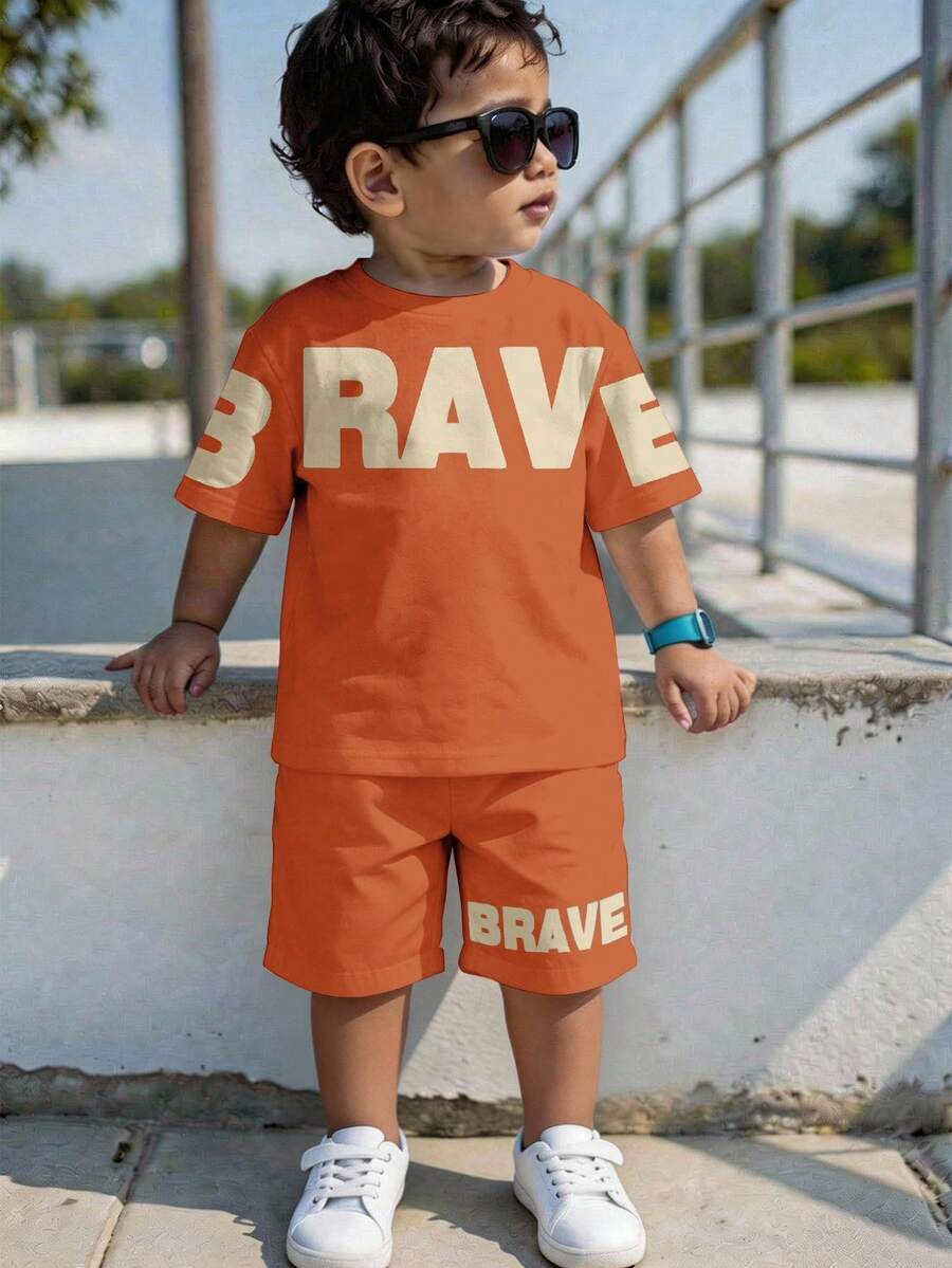 Baby Boy Brave Text Graphic Print T Shirt and Shorts Casual Summer Outfit Set
