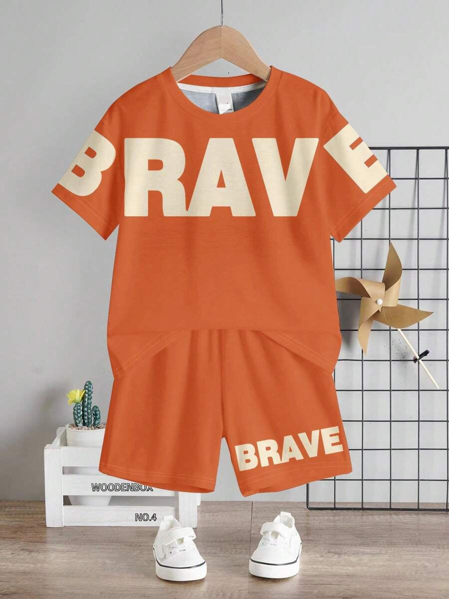 Baby Boy Brave Text Graphic Print T Shirt and Shorts Casual Summer Outfit Set
