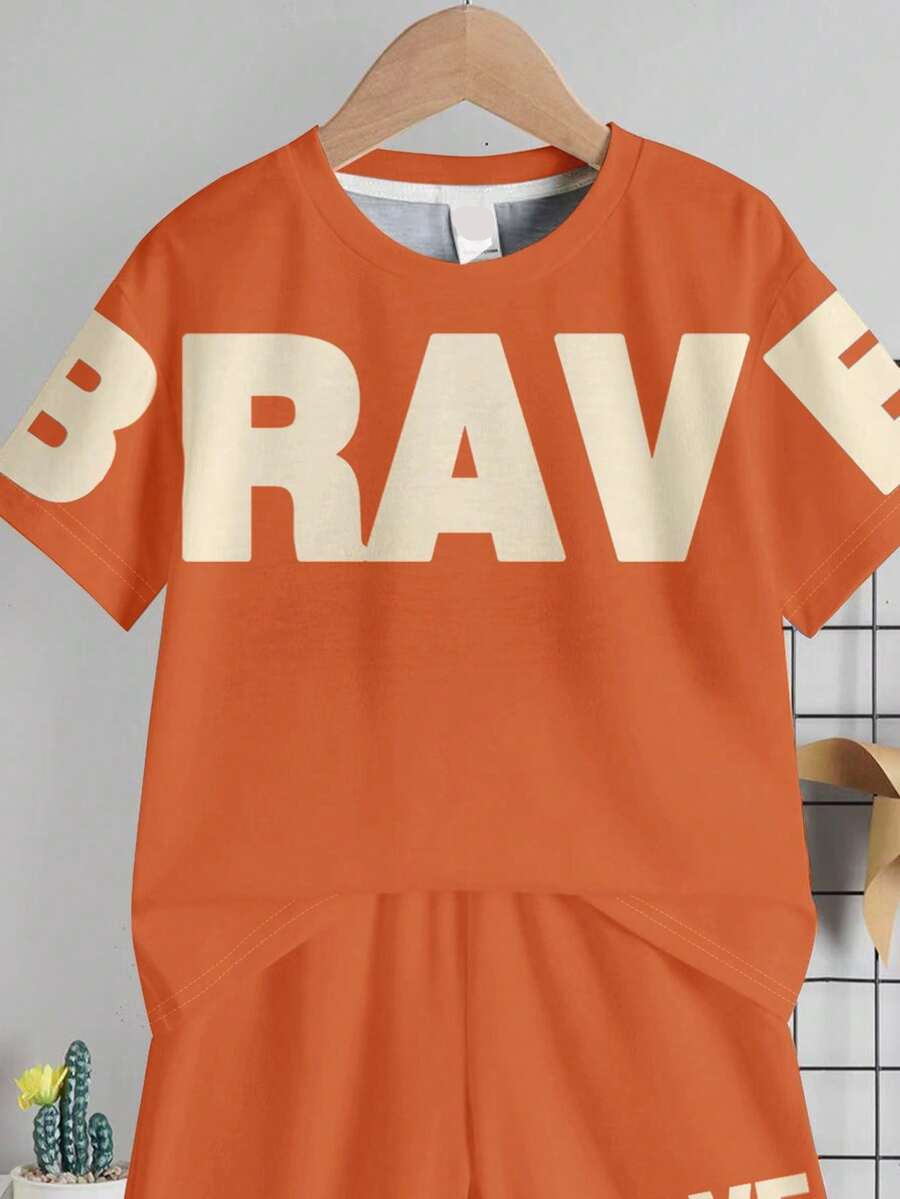 Baby Boy Brave Text Graphic Print T Shirt and Shorts Casual Summer Outfit Set