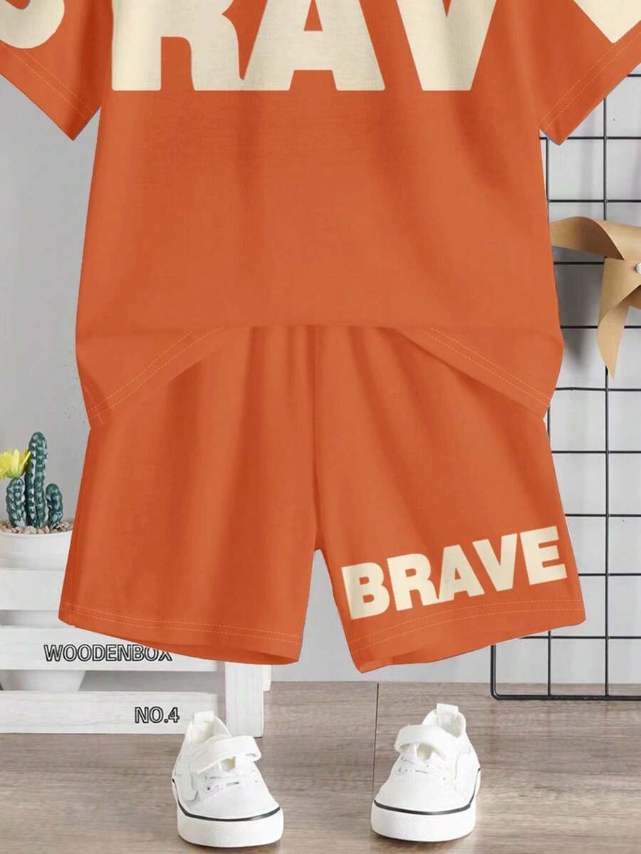 Baby Boy Brave Text Graphic Print T Shirt and Shorts Casual Summer Outfit Set