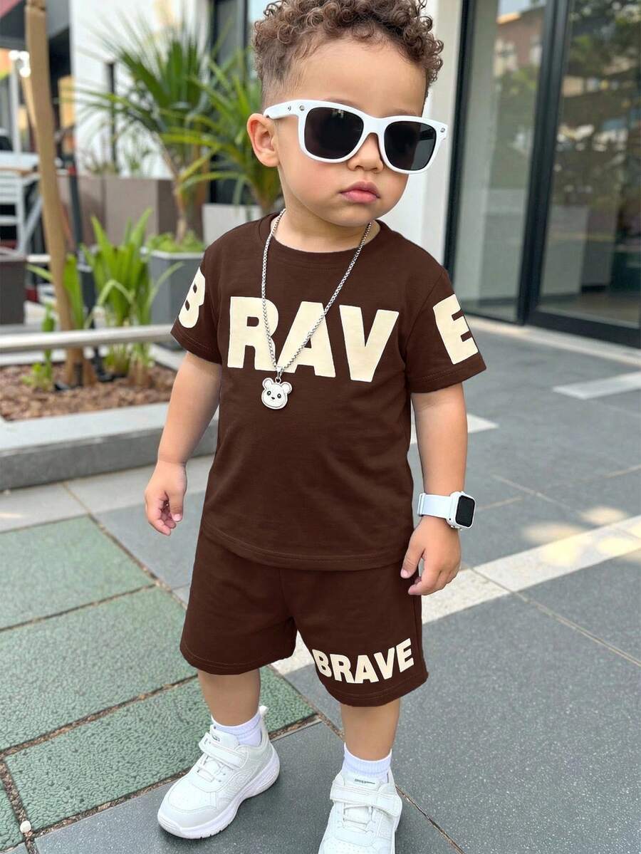 Baby Boy Brave Text Graphic Print T Shirt and Shorts Casual Summer Outfit Set