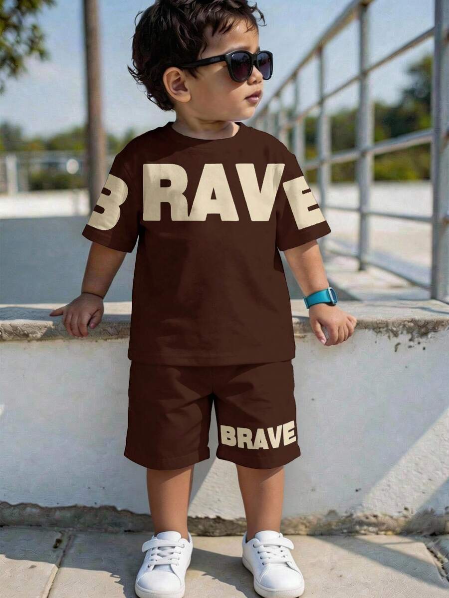 Baby Boy Brave Text Graphic Print T Shirt and Shorts Casual Summer Outfit Set
