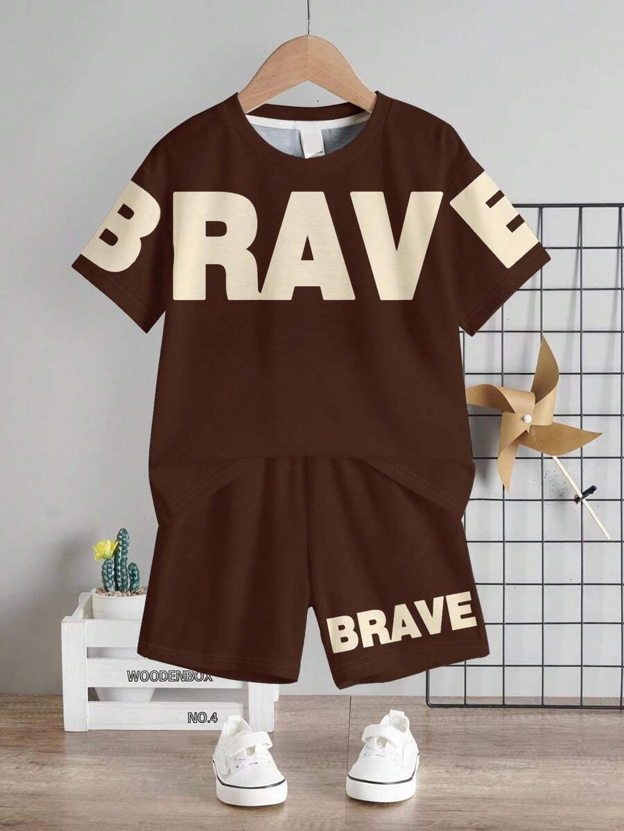 Baby Boy Brave Text Graphic Print T Shirt and Shorts Casual Summer Outfit Set