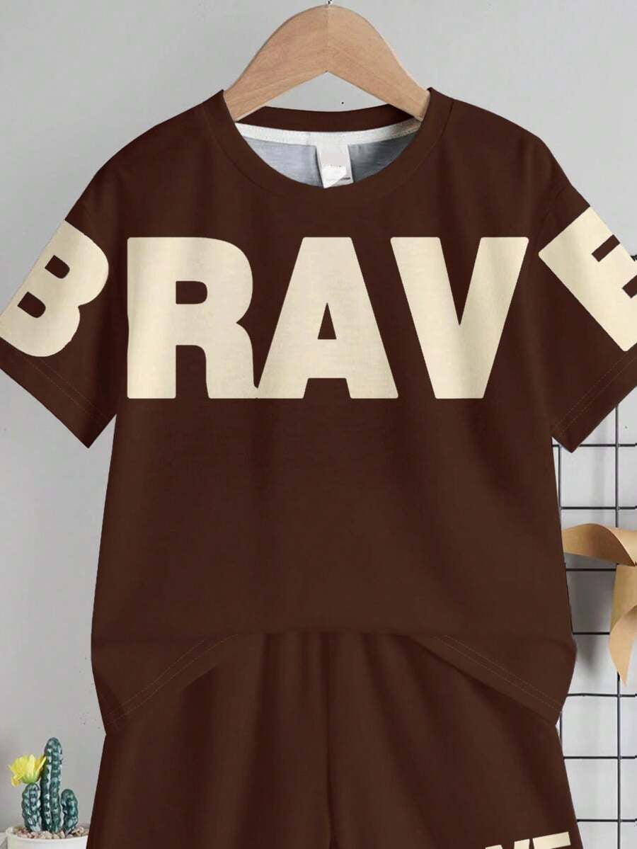 Baby Boy Brave Text Graphic Print T Shirt and Shorts Casual Summer Outfit Set