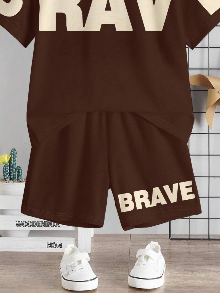 Baby Boy Brave Text Graphic Print T Shirt and Shorts Casual Summer Outfit Set