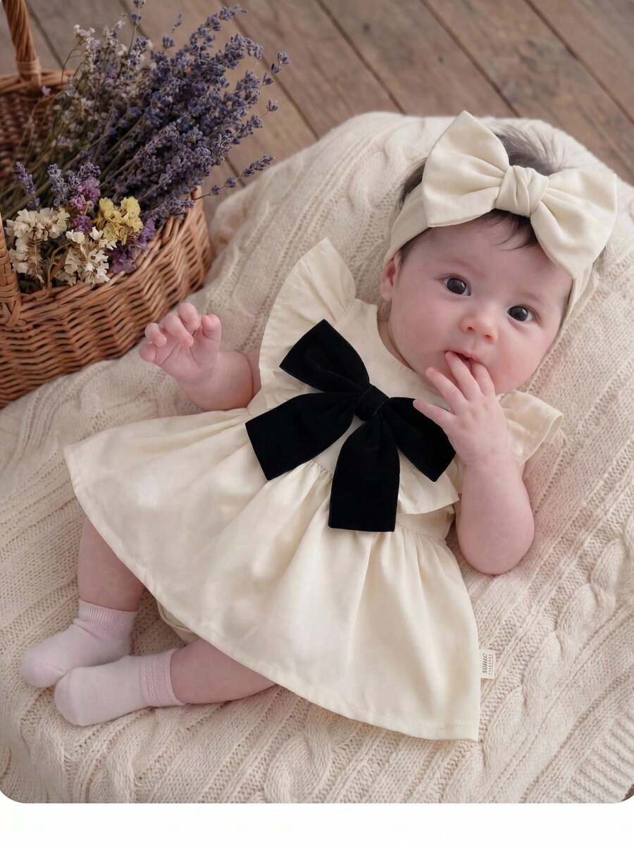 Embroidered Bow Decor Baby Girl Ruffle Sleeve Bodysuit for Everyday Wear