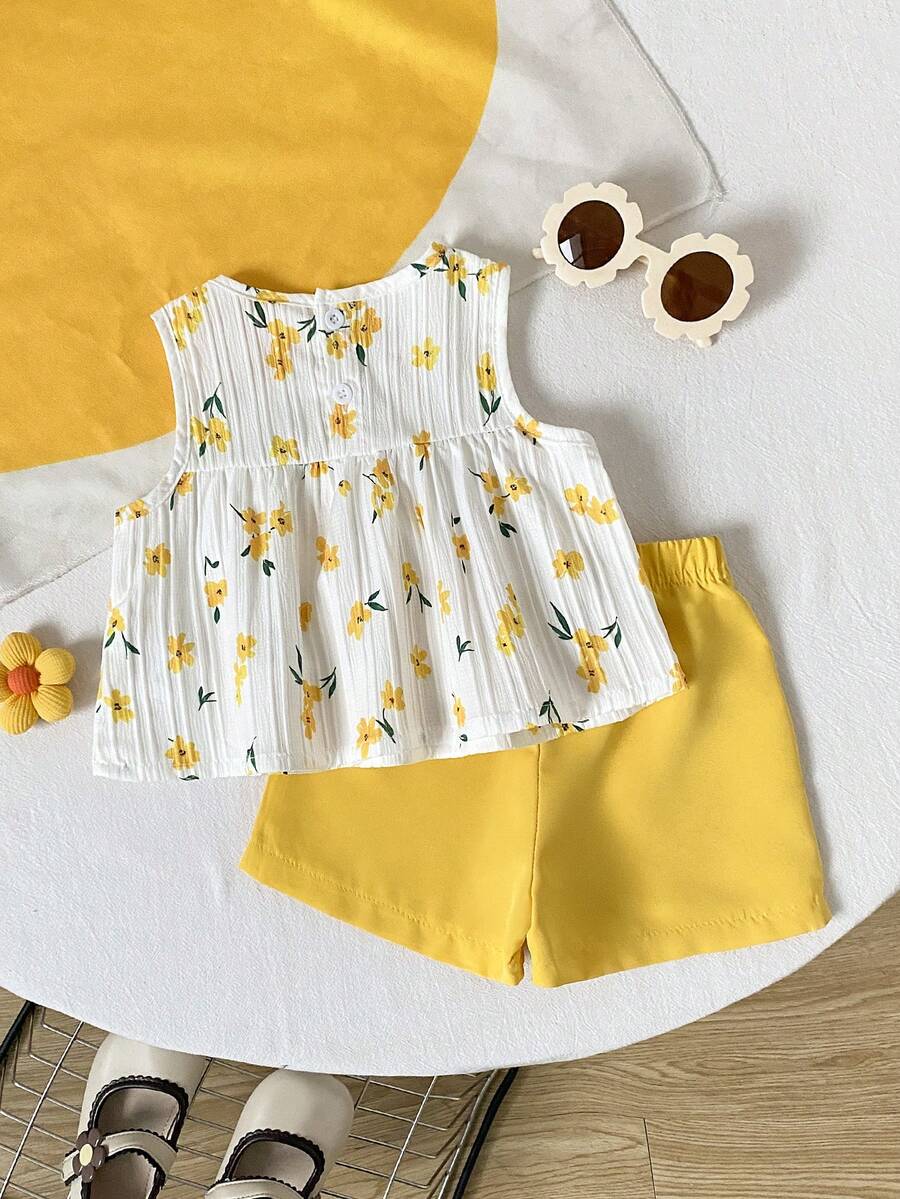 Cherry Print Sleeveless Top and Red Shorts Set for Baby Girls
