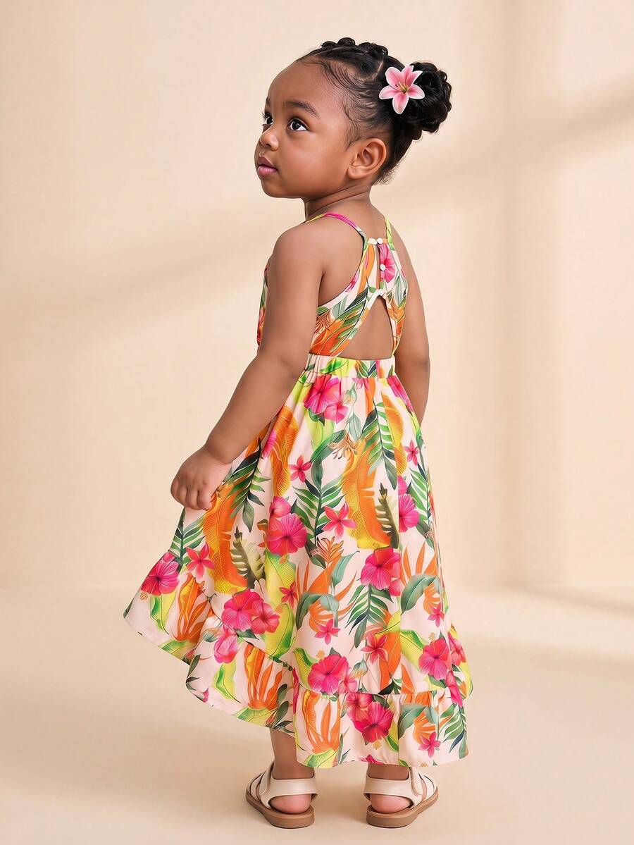 Little Girls Tropical Halter Sundress With High Low Hem Beach Vacation Wear