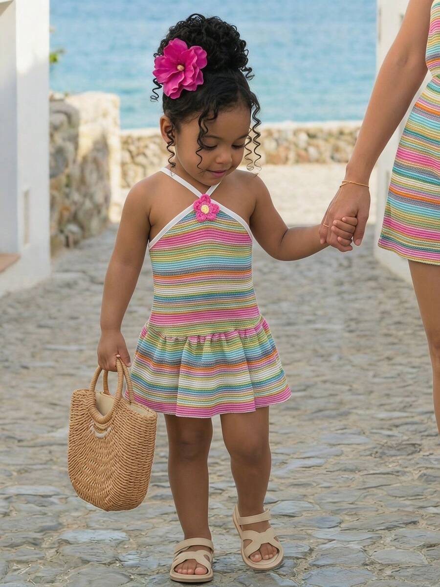 Striped Halter Dress With 3D Flower Detail Comfortable Summer Wear For Little Girls