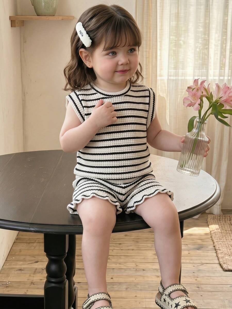 Baby Girl Black & White Striped Ruffle Sleeve T-Shirt & Shorts Set