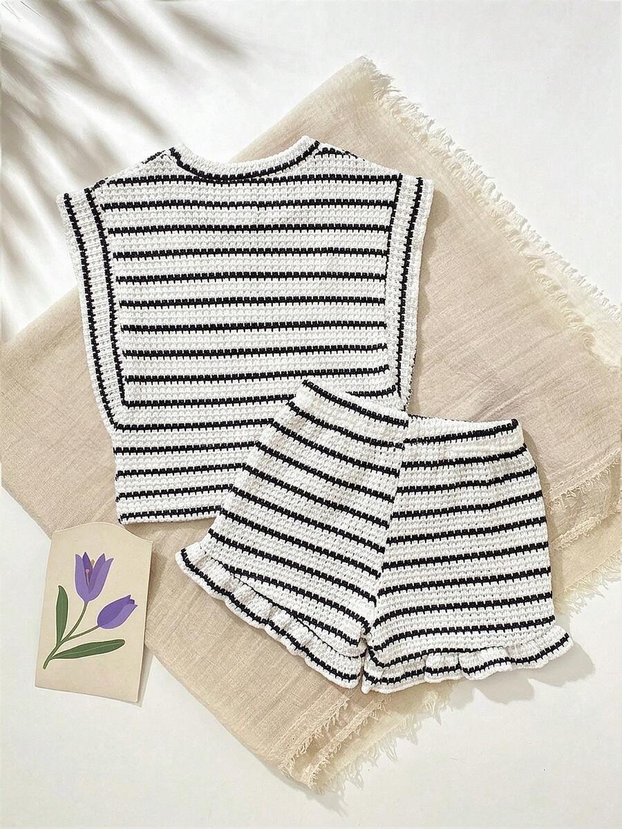 Baby Girl Black & White Striped Ruffle Sleeve T-Shirt & Shorts Set