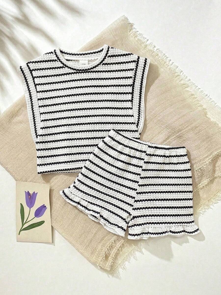 Baby Girl Black & White Striped Ruffle Sleeve T-Shirt & Shorts Set