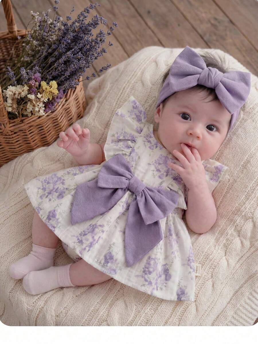 Embroidered Bow Decor Baby Girl Ruffle Sleeve Bodysuit for Everyday Wear