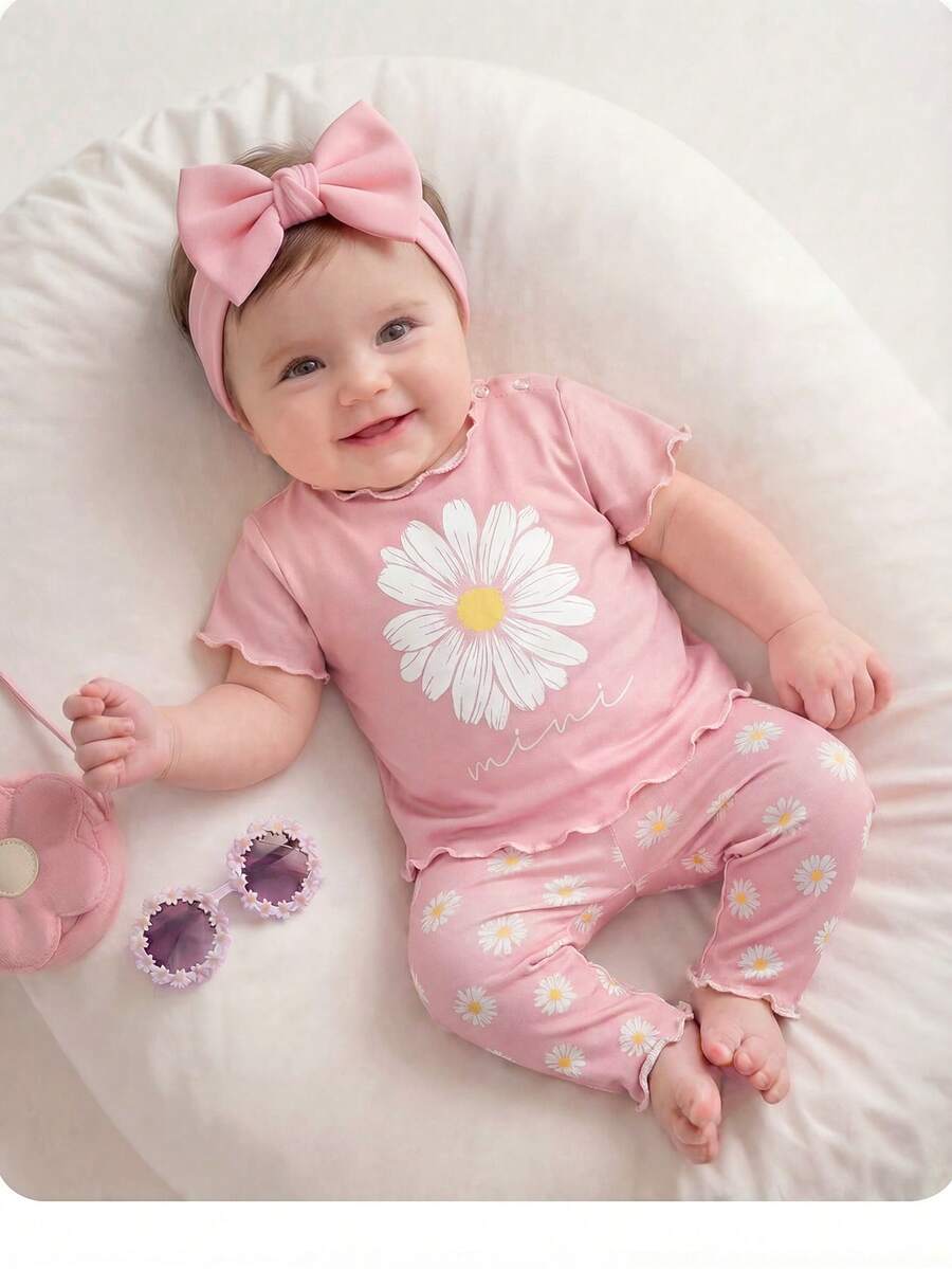 2PCS Baby Daisy Print T-Shirt and Shorts Set for Summer Daily Wear