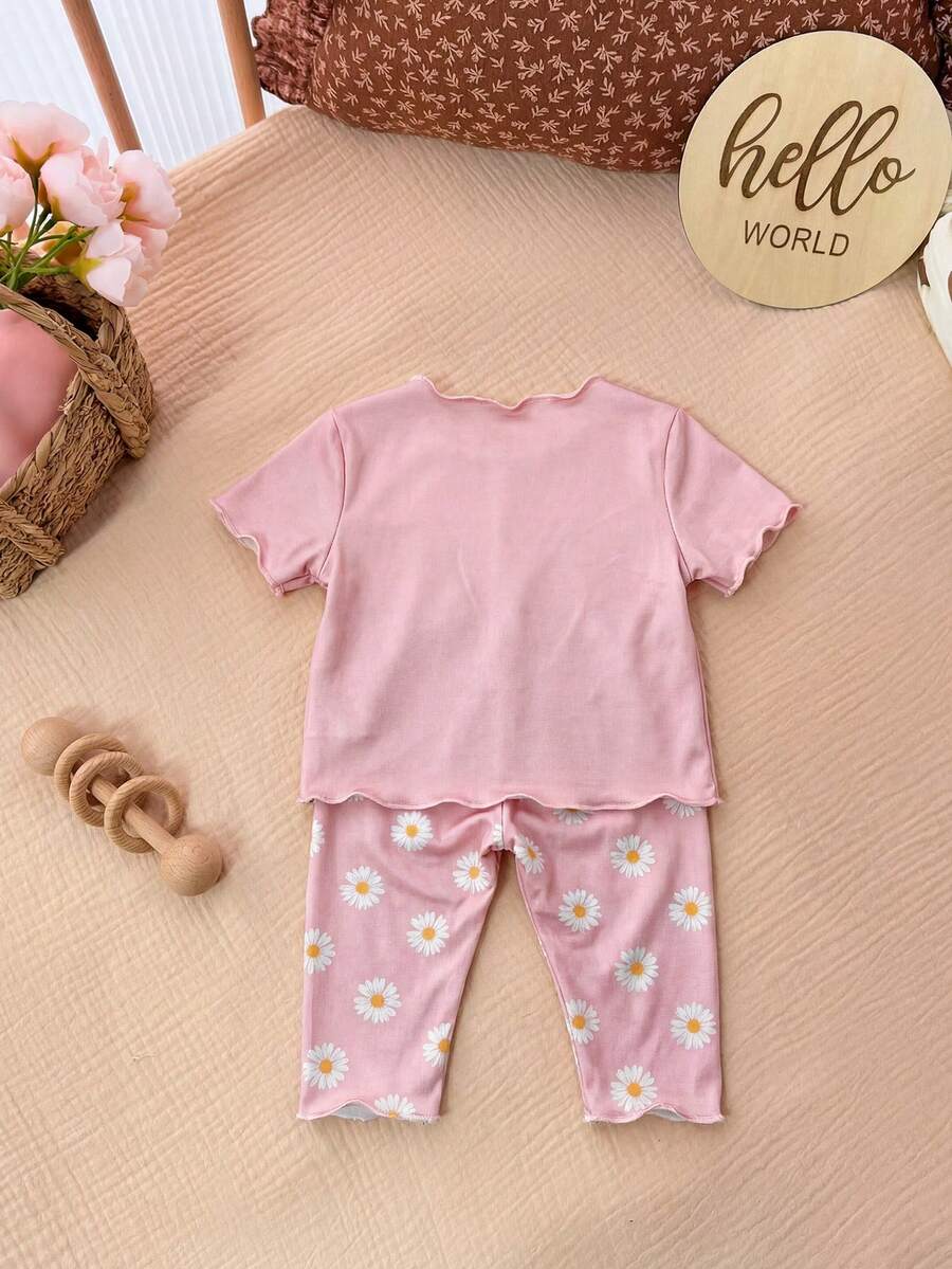2PCS Baby Daisy Print T-Shirt and Shorts Set for Summer Daily Wear