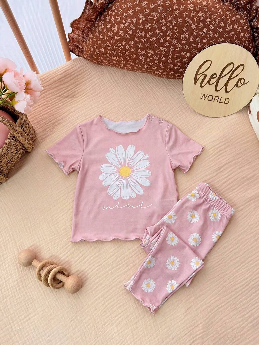 2PCS Baby Daisy Print T-Shirt and Shorts Set for Summer Daily Wear