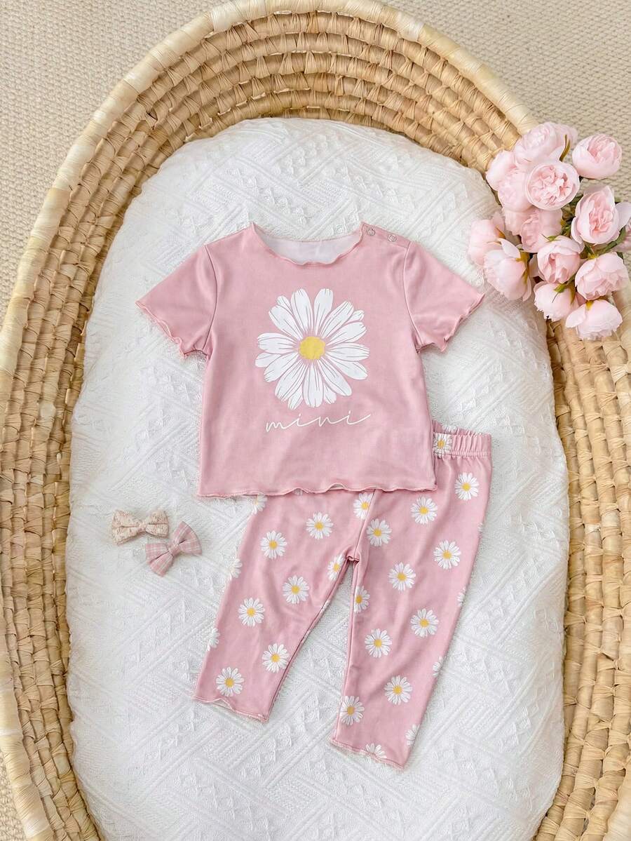 2PCS Baby Daisy Print T-Shirt and Shorts Set for Summer Daily Wear