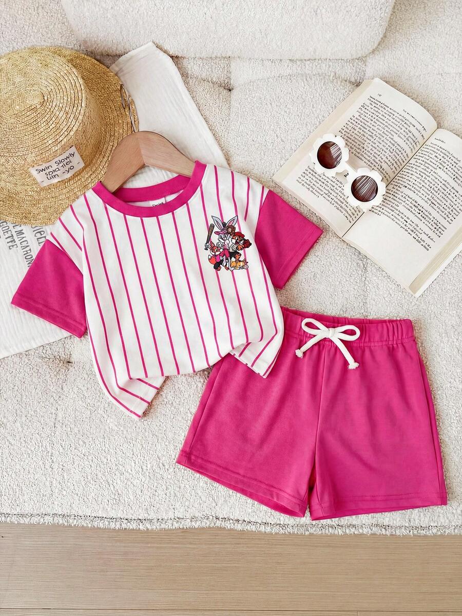 Rainbow Top And Elastic Waist Shorts Set For Toddler Girls Casual Wear