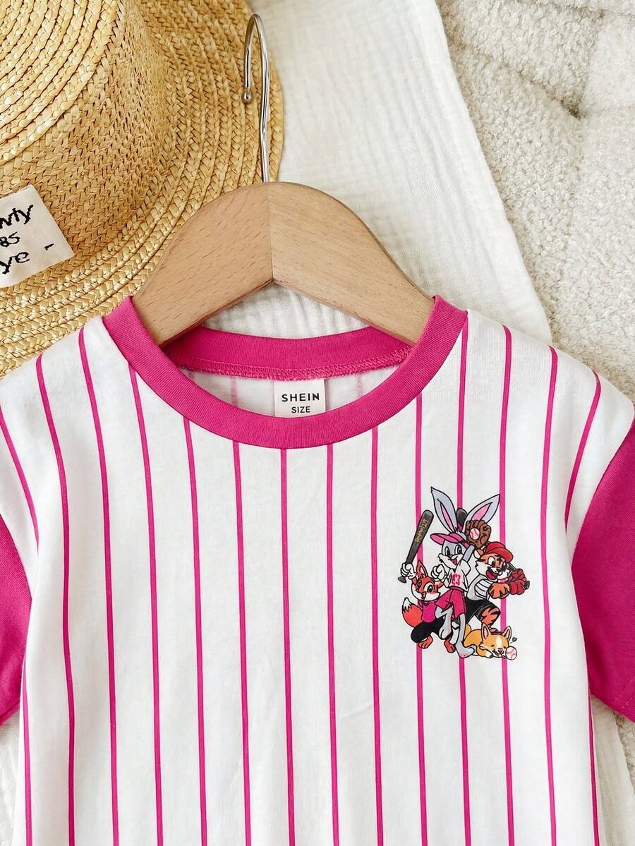 Rainbow Top And Elastic Waist Shorts Set For Toddler Girls Casual Wear