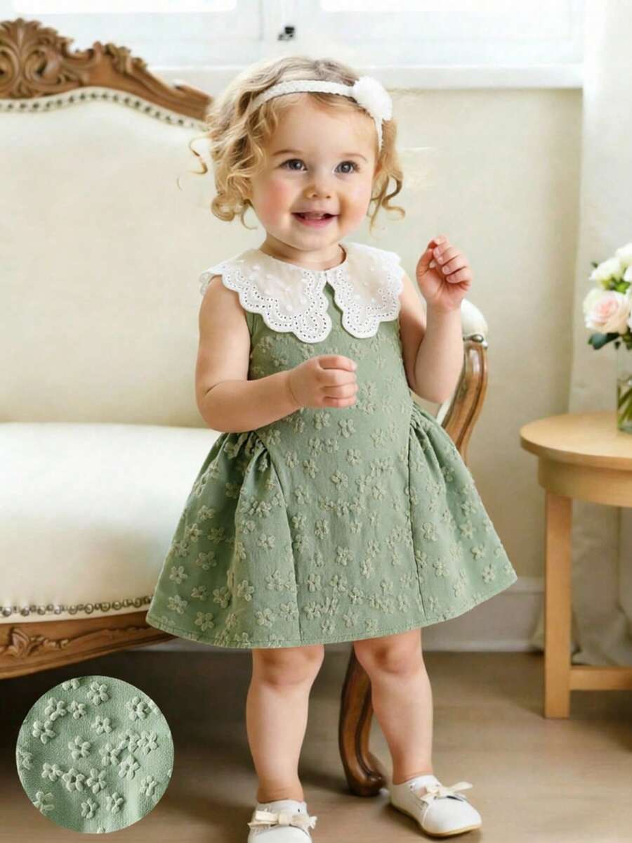 Little Girls Princess Pink Dress With Peter Pan Collar And Lace Detail