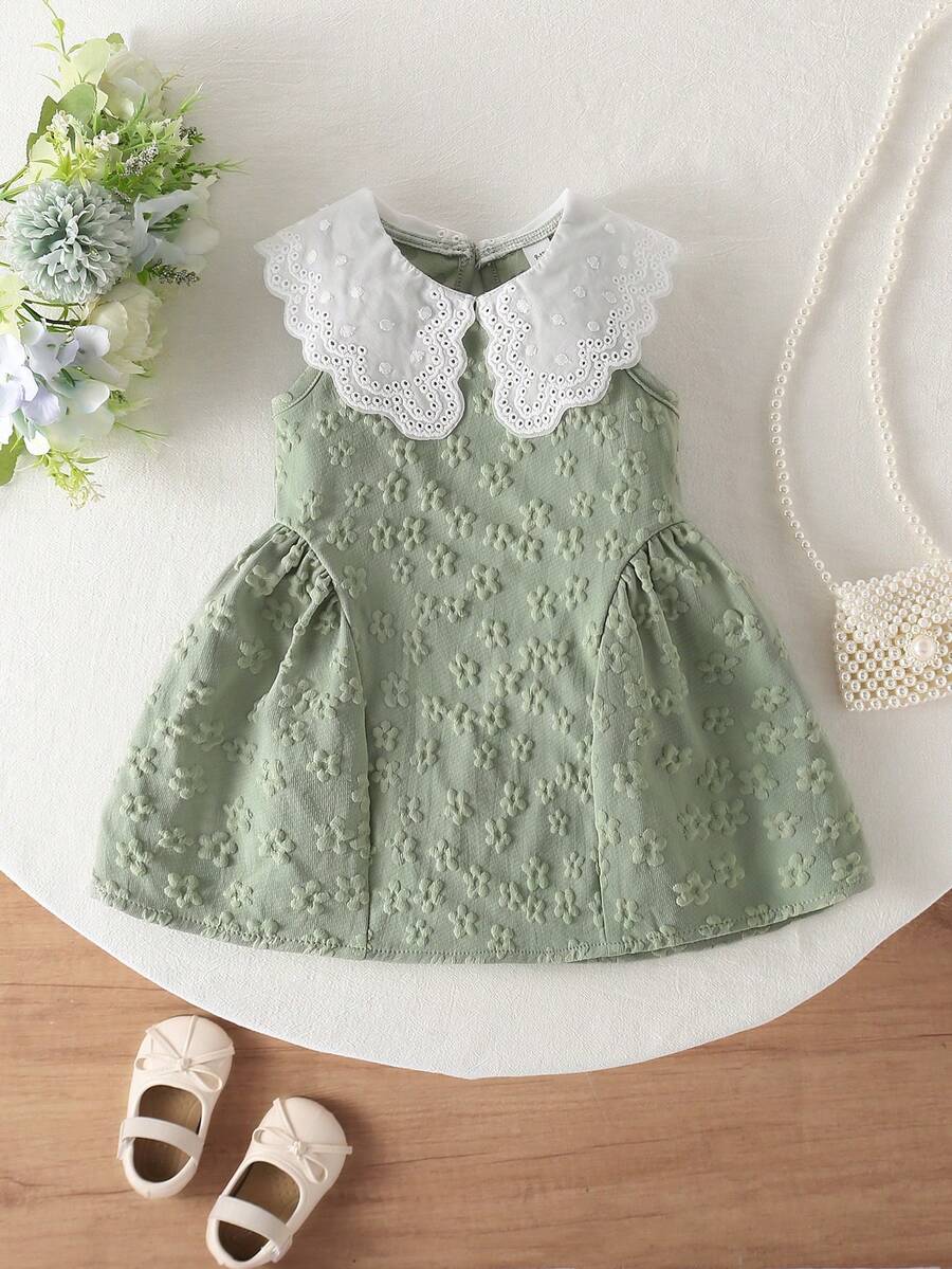 Little Girls Princess Pink Dress With Peter Pan Collar And Lace Detail