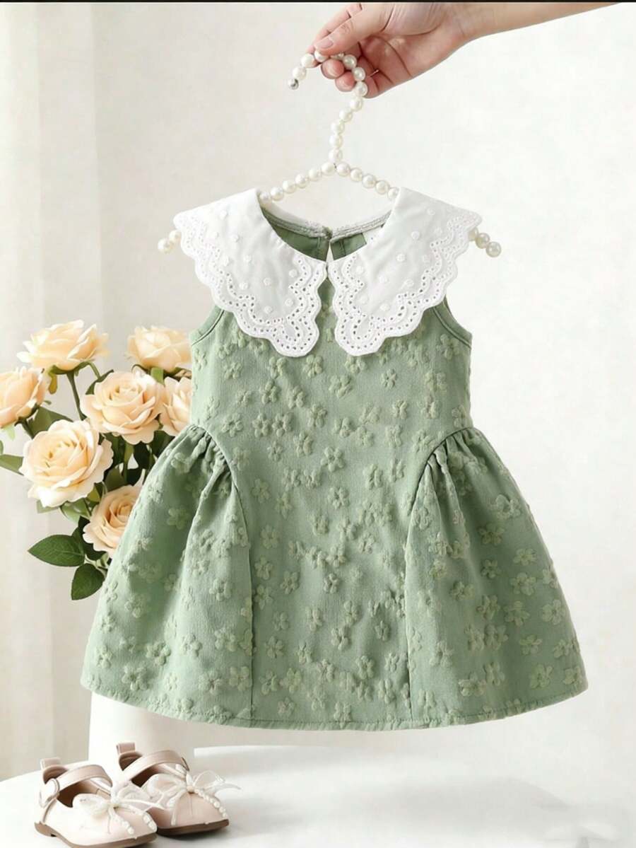 Little Girls Princess Pink Dress With Peter Pan Collar And Lace Detail