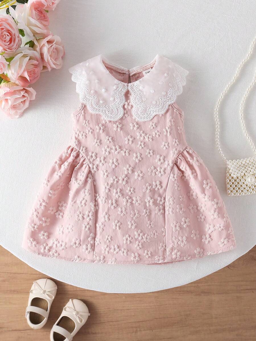 Little Girls Princess Pink Dress With Peter Pan Collar And Lace Detail