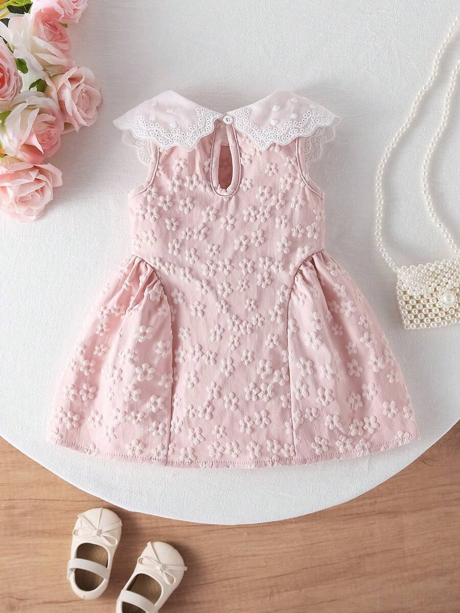 Little Girls Princess Pink Dress With Peter Pan Collar And Lace Detail