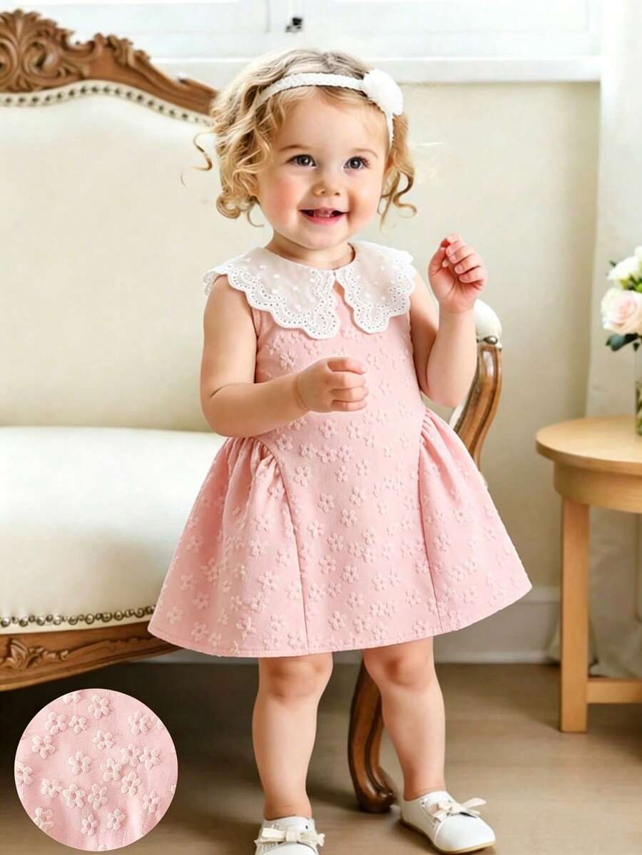 Little Girls Princess Pink Dress With Peter Pan Collar And Lace Detail