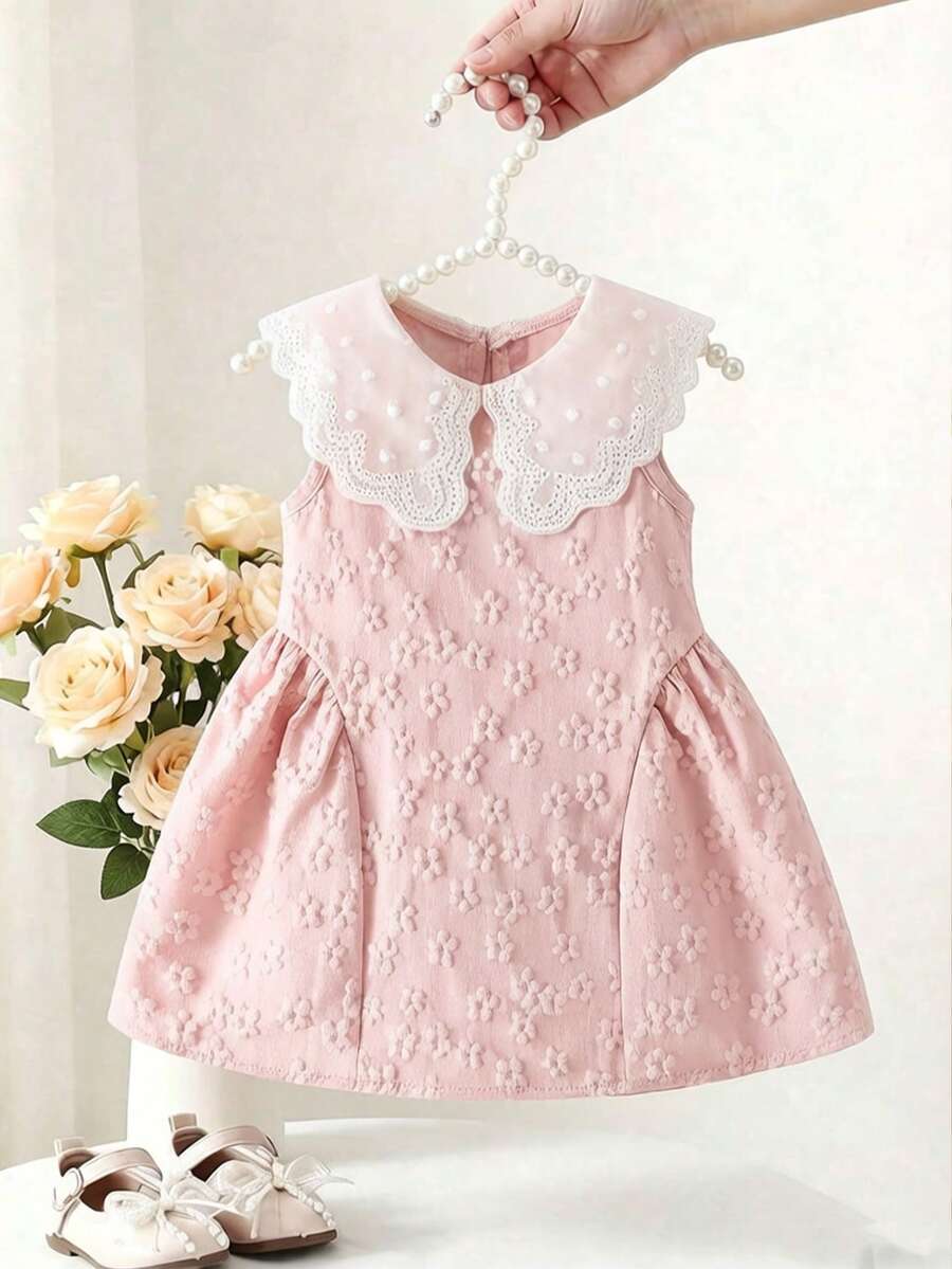 Little Girls Princess Pink Dress With Peter Pan Collar And Lace Detail