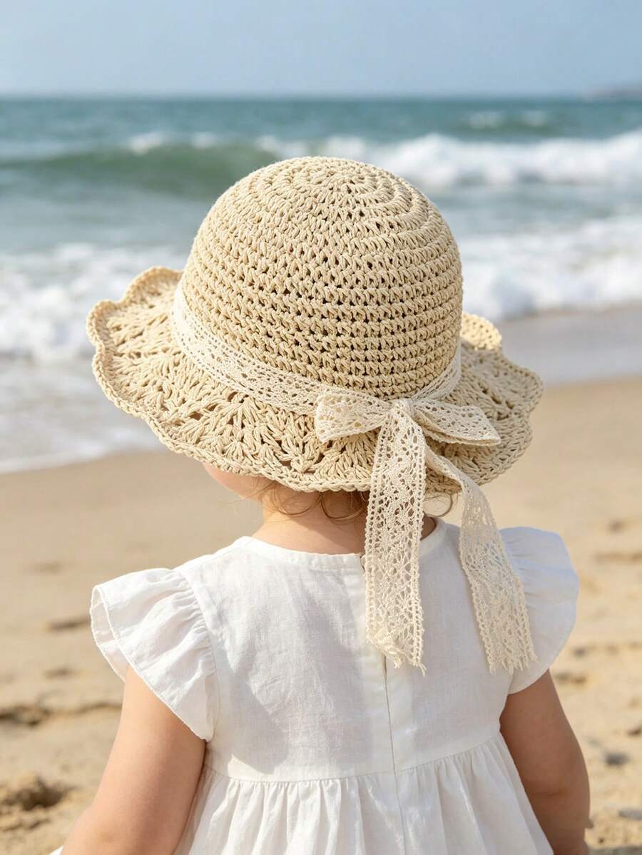 1pc Knitted Lace Bow Sun Hat for Baby and Toddler Casual Wear