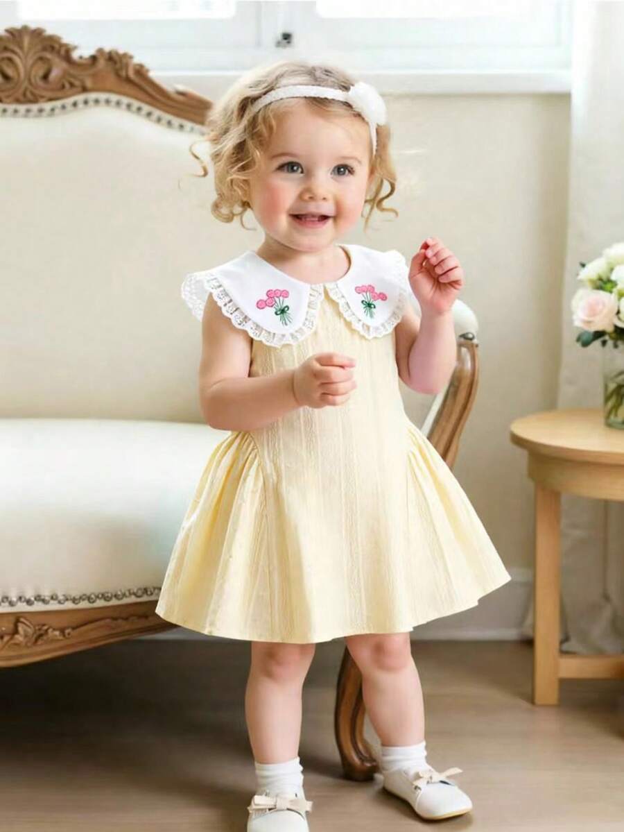 Little Girls Princess Pink Dress With Peter Pan Collar And Lace Detail