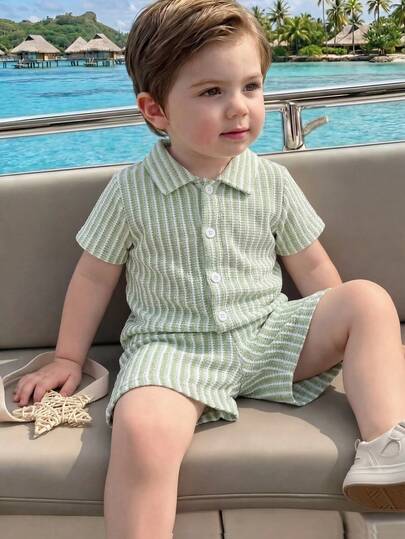 Infant Baby Boy Green White Striped Waffle Knit Polo Shirt and Shorts 2 Piece Casual Outfit Set