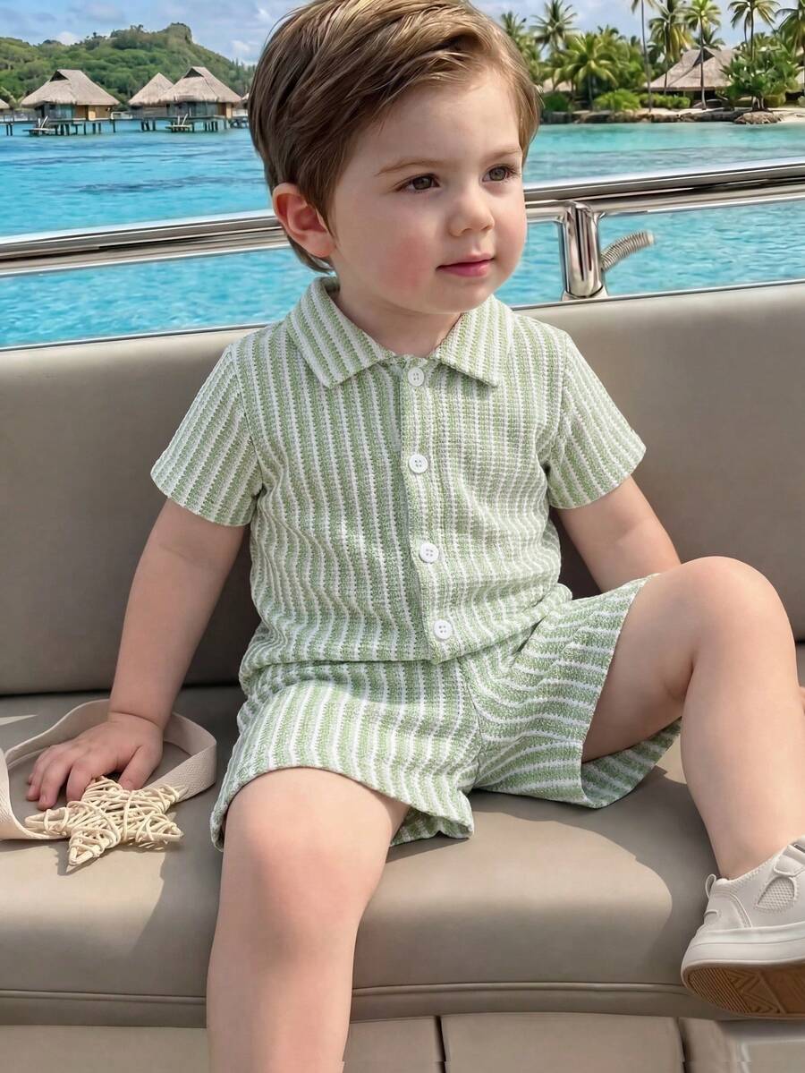 Infant Baby Boy Green White Striped Waffle Knit Polo Shirt and Shorts 2 Piece Casual Outfit Set