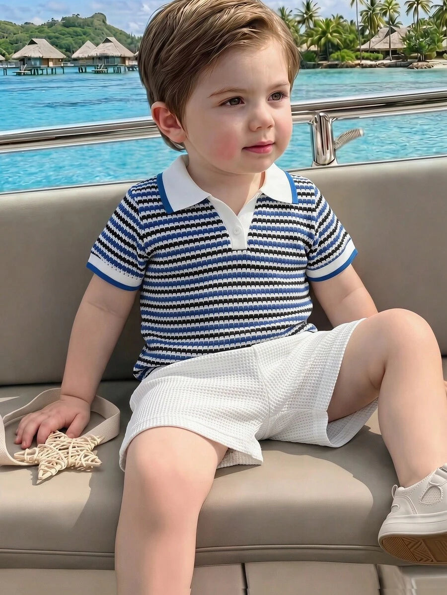 Playful Pals Baby Boy Khaki OOTD: Textured V-Neck and Striped Outfit