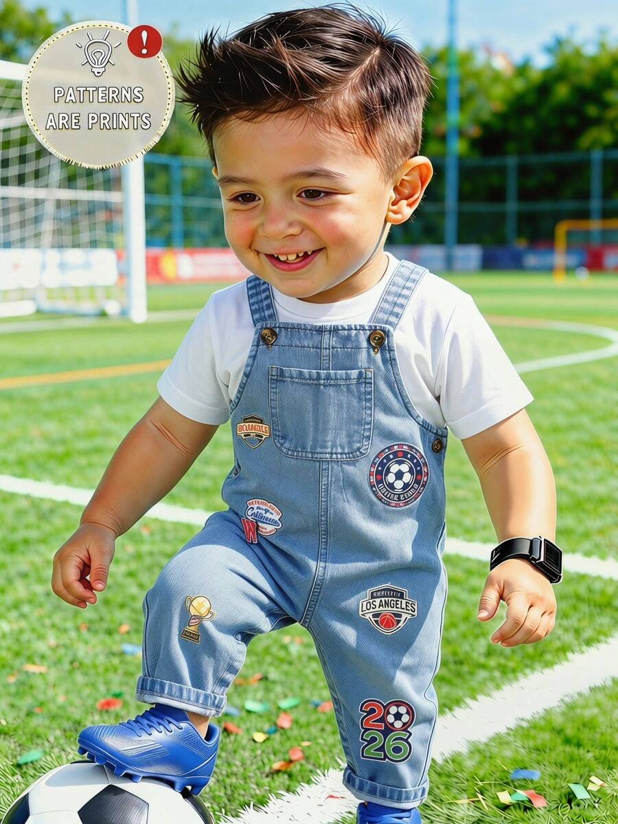 Cute Cartoon Print Denim Jumpsuit for Baby Boys: Dinosaur, Car & Letter Design