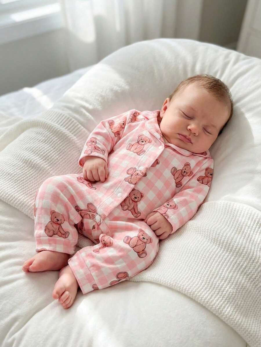 Baby Boy Bear Print Romper and Pants Set with Long Sleeve Snap Up Design