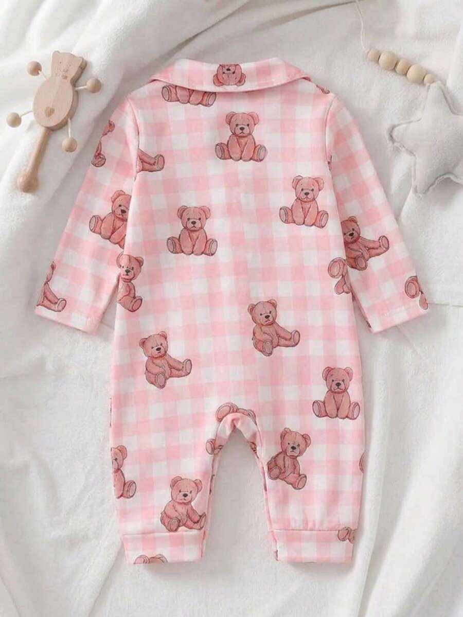 Baby Boy Bear Print Romper and Pants Set with Long Sleeve Snap Up Design